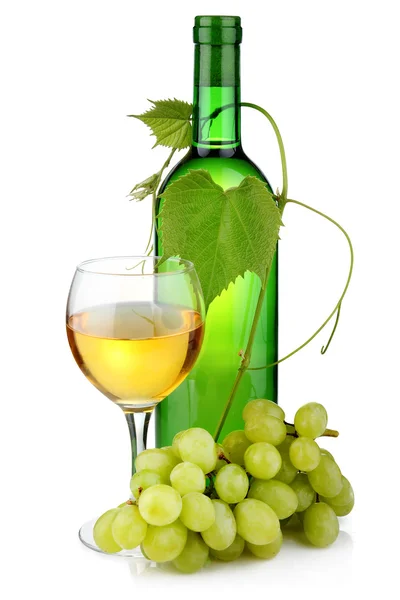 Bottle of wine with glass and grape branch isolated — Stock Photo, Image