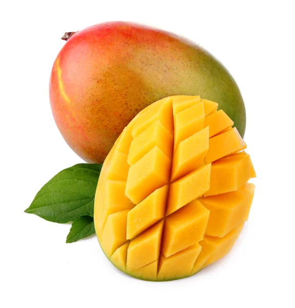Fresh mango fruit with cut and green leafs isolated — Stock Photo, Image