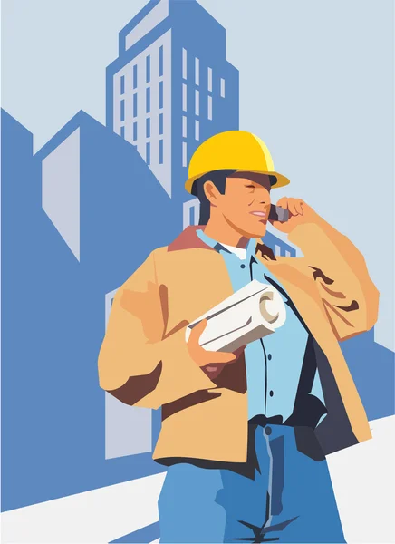 Bir cep telefonu üzerinde konuşurken inşaat işçisi — Stok fotoğraf