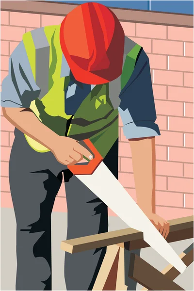 Front view of a construction worker cutting wood — Stock Photo, Image