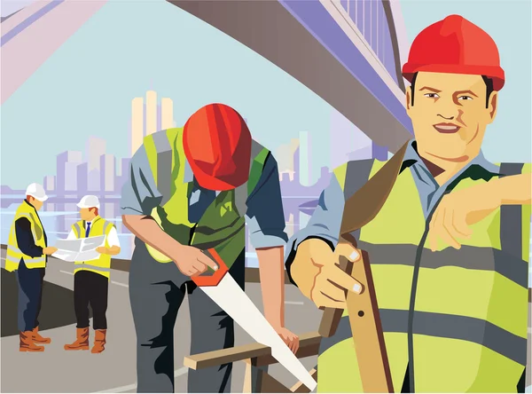Trabajadores de la construcción trabajando en una obra de construcción — Foto de Stock