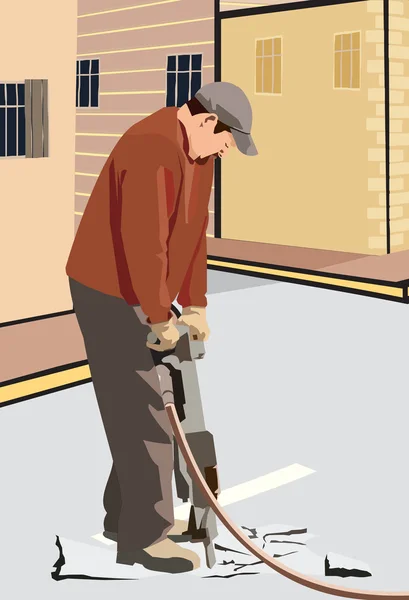 En arbetare med pneumatisk borr för att skära upp asfalten täcks konkreta road — Stockfoto