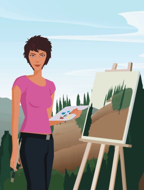 Woman holding paintbrush and palette clipart