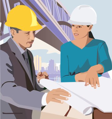 Engineers with blueprint clipart