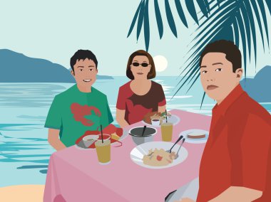 Tourists having breakfast by beach clipart