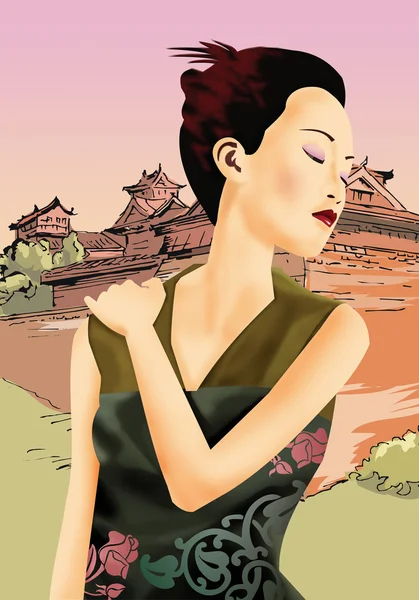 Vista frontal de uma mulher chinesa esticando o pescoço — Fotografia de Stock