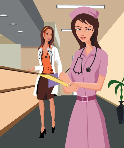 Arts en een verpleegster wandelen langs een corridor ziekenhuis — Stockfoto
