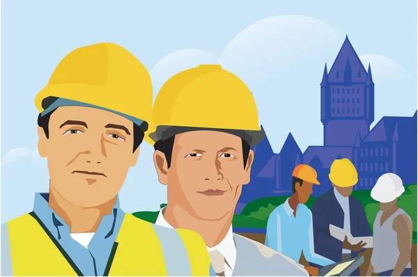 Construction workers with architectural buildings in background — Stock Photo, Image