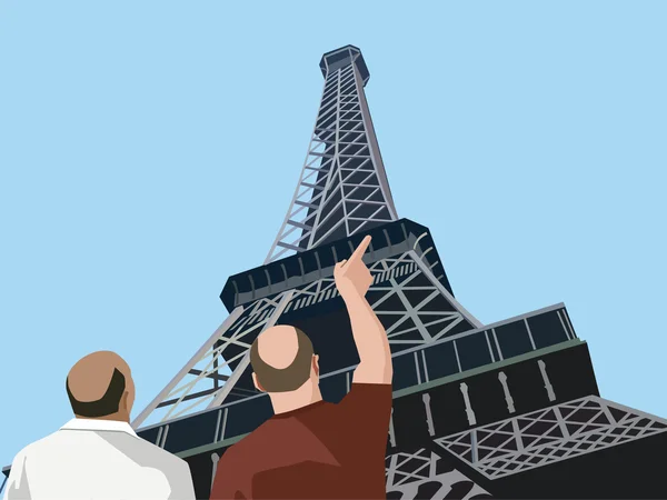 Achteraanzicht van toeristen wijst naar de toren van eiffel — Stockfoto