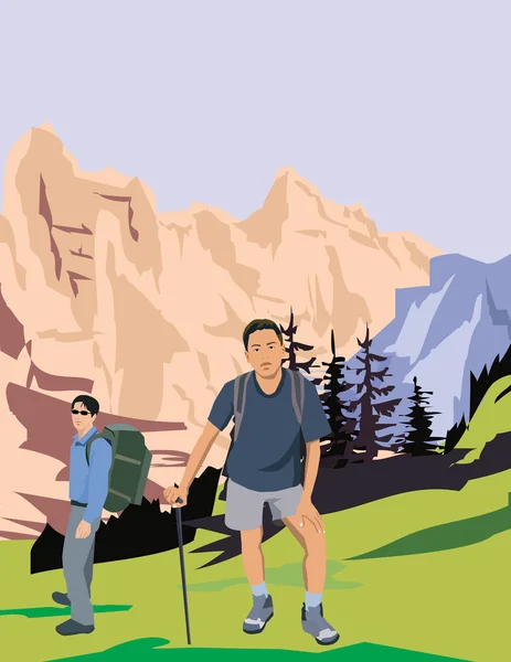 Montañeros frente a la cámara y montañas en el fondo —  Fotos de Stock