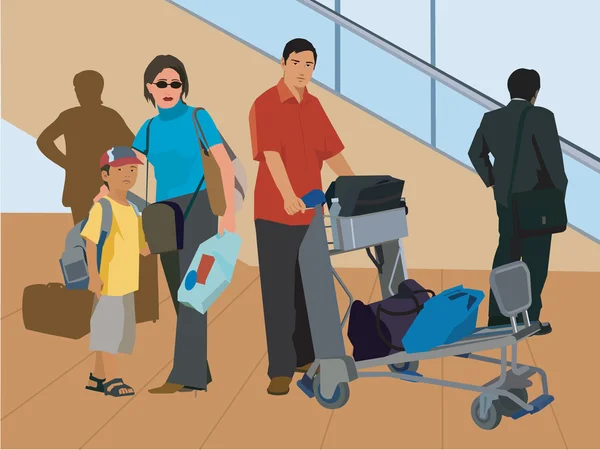 Turiști în picioare cu bagaje cu scara rulantă — Fotografie, imagine de stoc