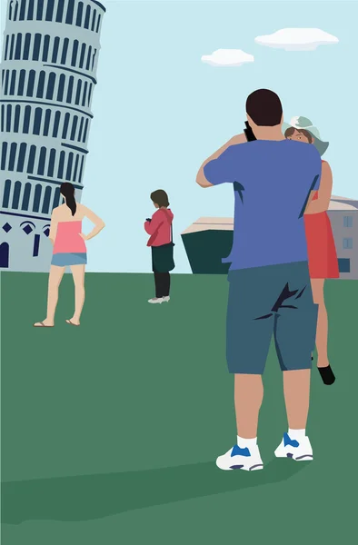 Туристы, стоящие у Пизанской башни в Тоскане — стоковое фото
