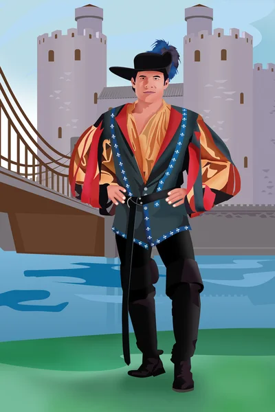 Vista frontal de um homem europeu junto ao castelo Imagens Royalty-Free