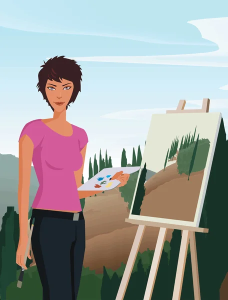 Kvinna som håller pensel och palett Stockbild