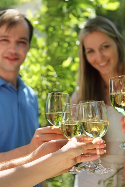 Oslava. držení sklenice bílého vína přípitek — Stock fotografie