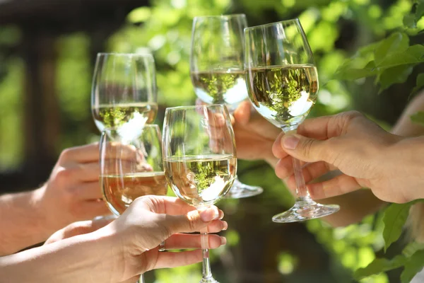 Segurando copos de vinho branco fazendo um brinde — Fotografia de Stock
