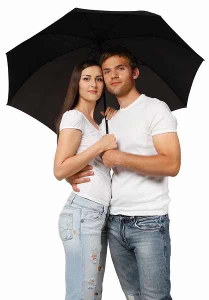 Portrait of a young couple with umbrella — Stock Photo, Image