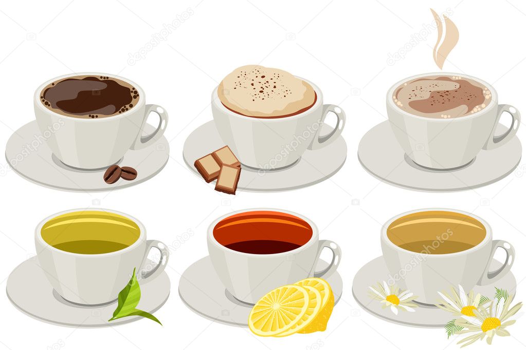 Set of cups with hot drinks
