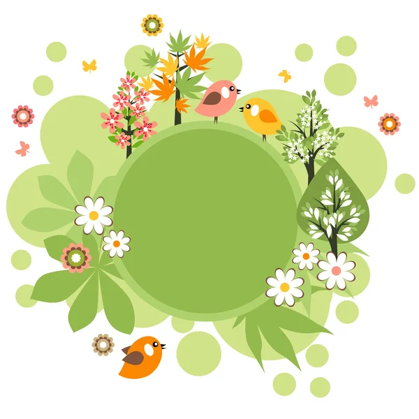 Cadre rond avec oiseaux et fleurs — Image vectorielle