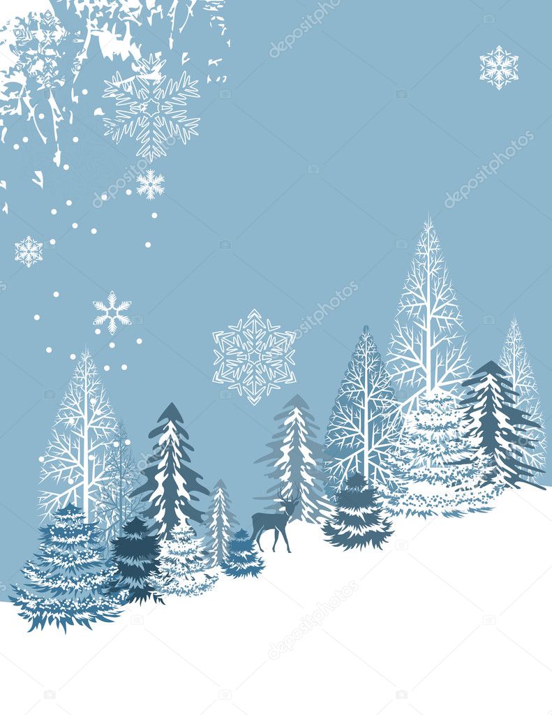 Winter blue landscape with deer