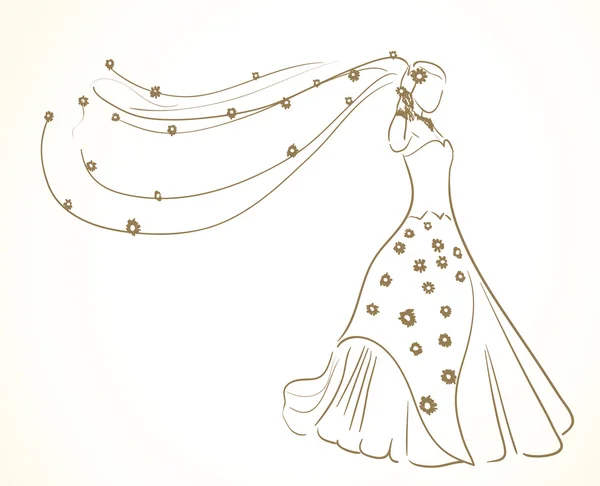Robe de mariée avec des fleurs en voile — Image vectorielle