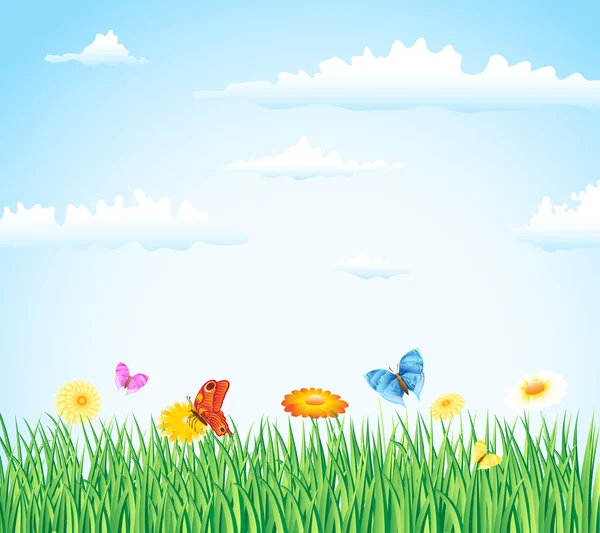 Tráva s květinami a motýli — Stockový vektor