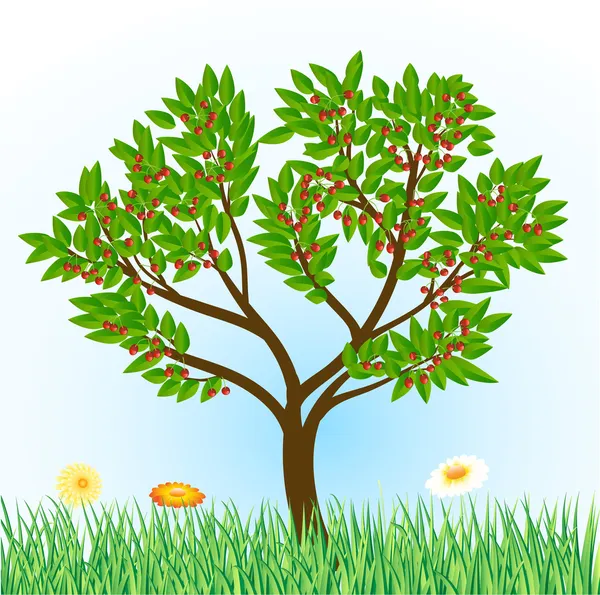 Třešeň s trávou a květinami — Stockový vektor
