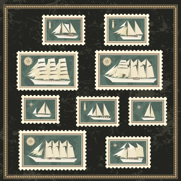 Set de sello postal con velero — Vector de stock