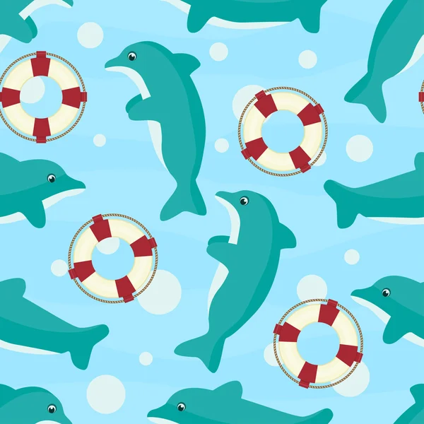 Moře styl bezešvé pozadí s dolphines a záchranné kruhy — Stockový vektor