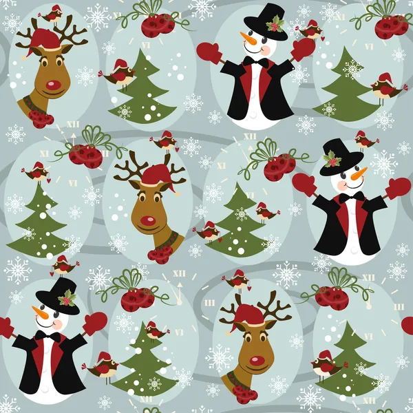 Patrón de Navidad sin costuras con muñeco de nieve y ciervo de Navidad — Archivo Imágenes Vectoriales