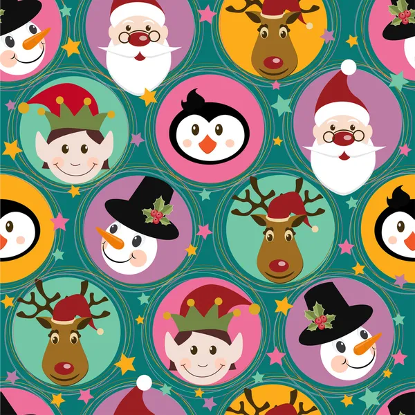 Padrão de Natal com Papai Noel, veado, pinguim, elfo e boneco de neve — Vetor de Stock