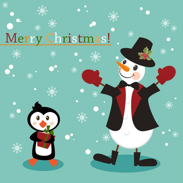 Tarjeta de felicitación de Navidad y Año Nuevo con muñeco de nieve y pingüino — Vector de stock