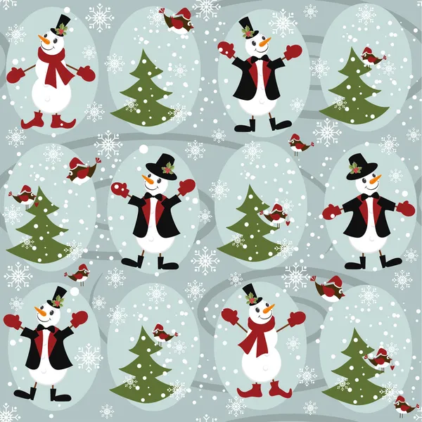 Patrón de Navidad con muñeco de nieve y árbol de Navidad — Vector de stock