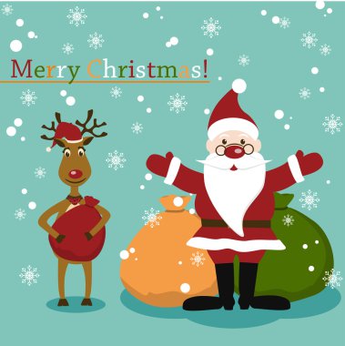 Christmas and New Years greeting card with Santa and Deer clipart