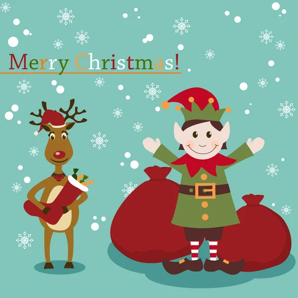 Natal e Ano Novo cartão de saudação com elfo e veado — Vetor de Stock