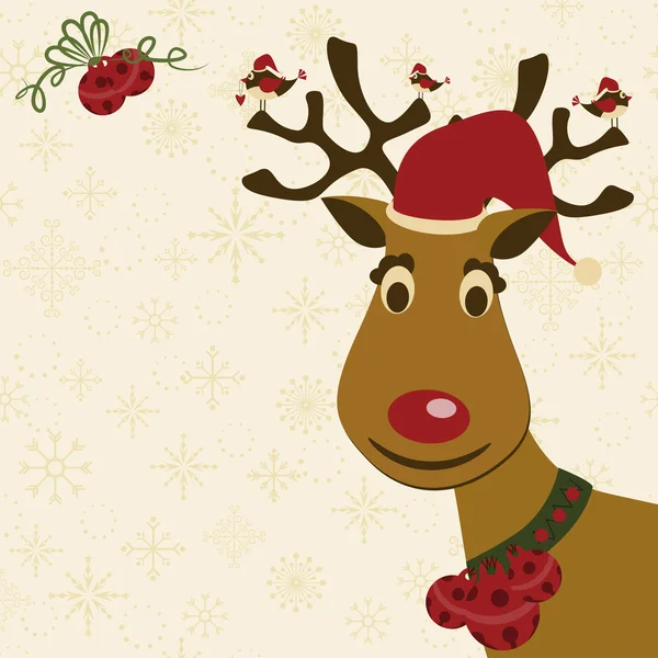Tarjeta de felicitación de Navidad y Año Nuevo con ciervos, aves y campanas — Archivo Imágenes Vectoriales