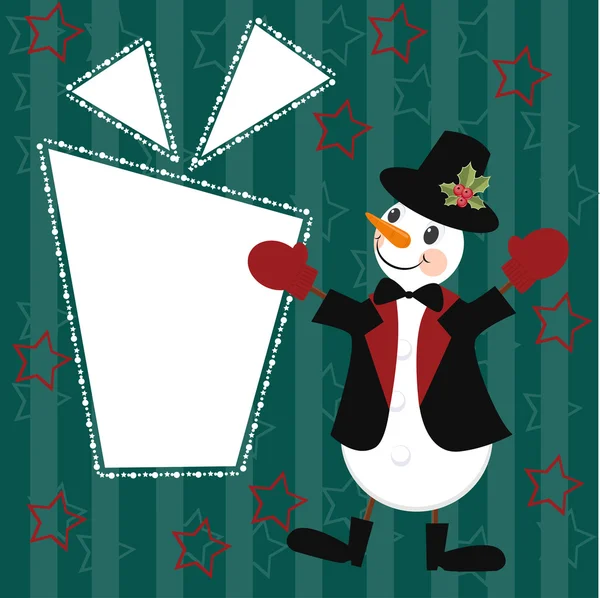 Jul och nyår Gratulationskort med snögubbe och gåva — Stock vektor