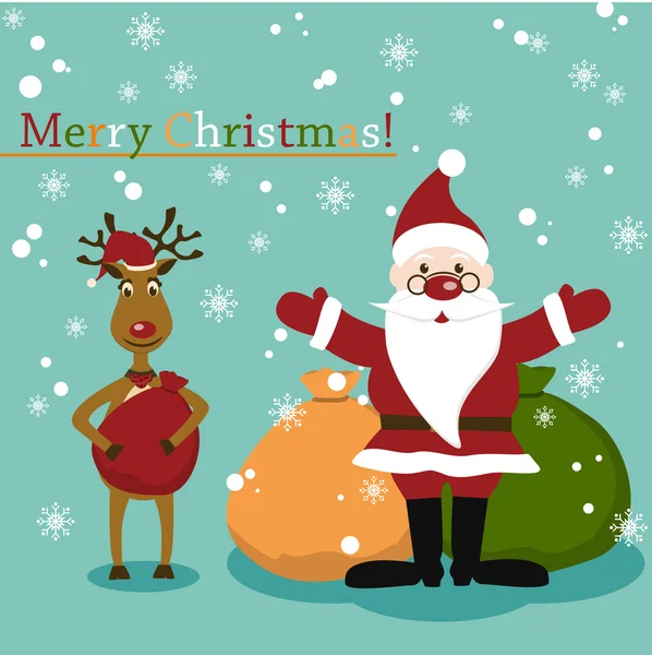 Cartão de Natal e Ano Novo com Papai Noel e Veado — Vetor de Stock