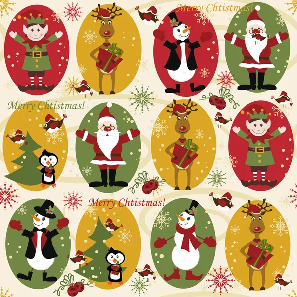 エルフ、サンタ、鹿、ペンギン、木と雪だるまとクリスマスパターン — ストックベクタ