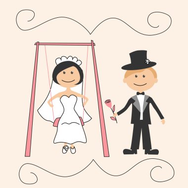 Wedding invitation with funny groom and bride on swing clipart