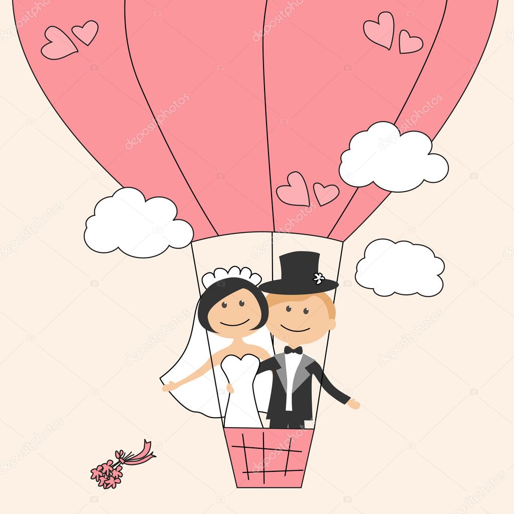 Wedding invitation with funny bride and groom on air balloon