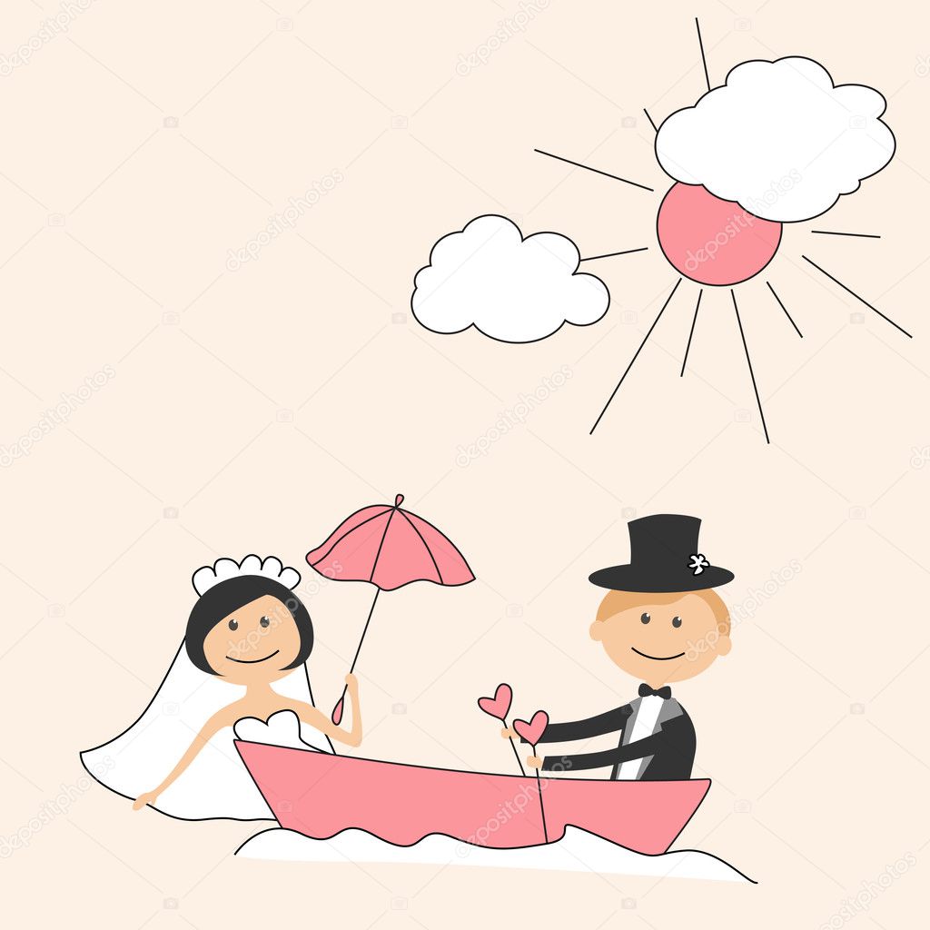 Wedding invitation with funny bride and groom in boat
