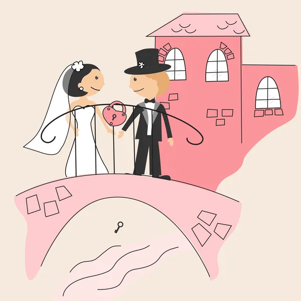 Komik gelin ve damat ile düğün davetiyesi — Stok Vektör