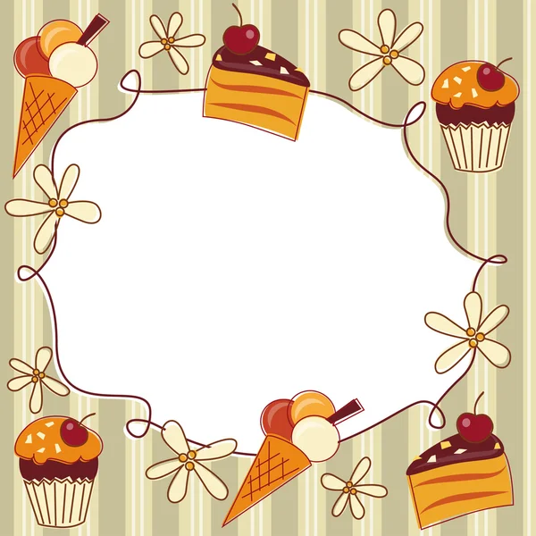 Ευχετήρια κάρτα με cupcake, κέικ και παγωτό — Διανυσματικό Αρχείο