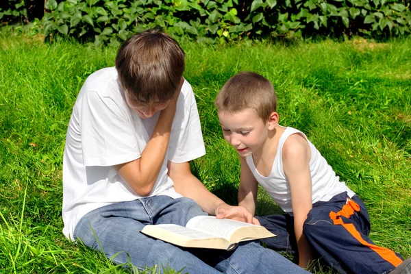 Brothers with book — Stock Photo, Image