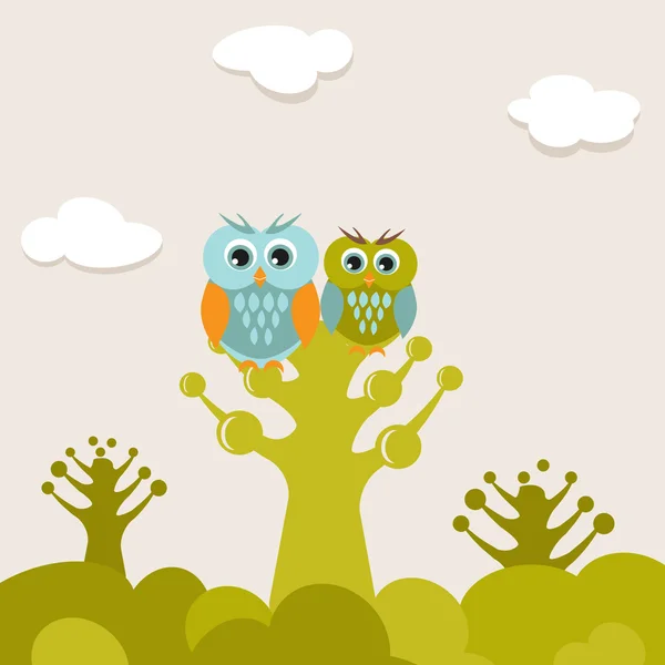 Sevimli baykuşlar çift ağaç üzerinde — Stok fotoğraf