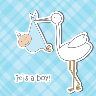 Baby arrival card with stork that brings a cute boy clipart