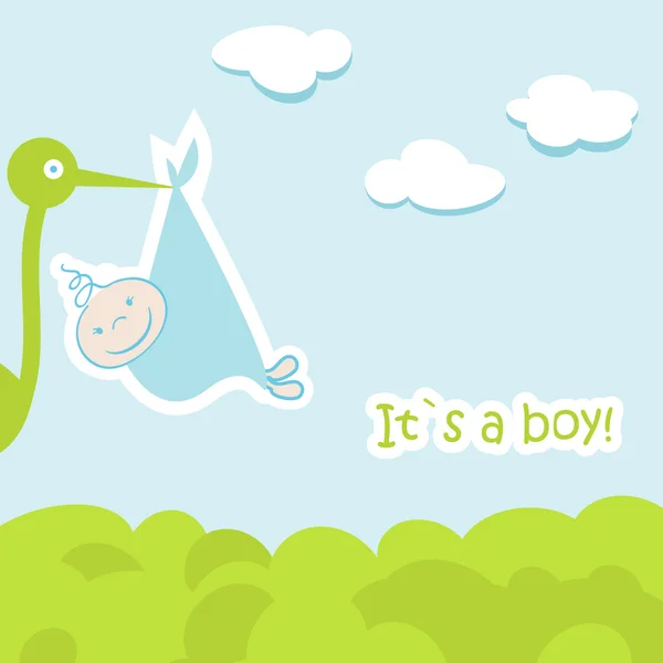Baby card di arrivo con cicogna che porta un ragazzo carino — Foto Stock