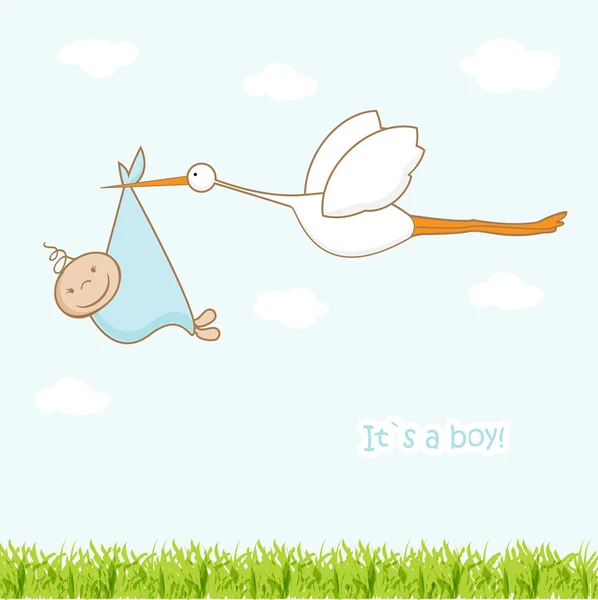 Karta przyjazdu dziecka z bocianem, który przynosi cute boy — Zdjęcie stockowe