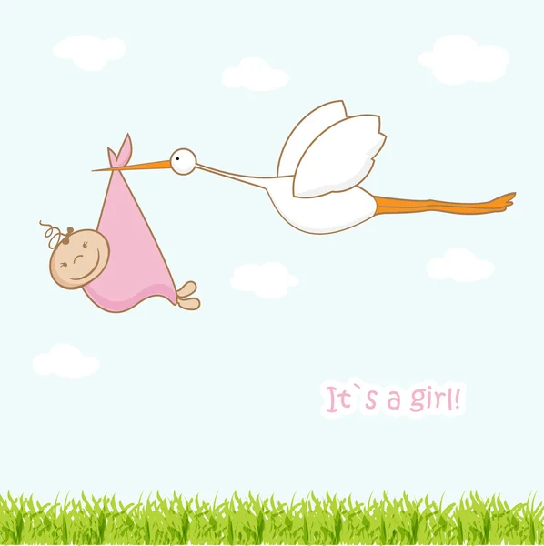 Cartão de chegada do bebê com cegonha que traz uma garota bonita — Fotografia de Stock